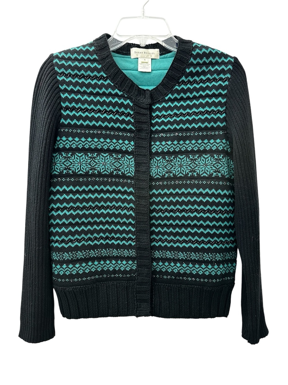 VTG Susan Bristol Cardigan Sweater Black Green Beaded 100% Cotton Women’s Small